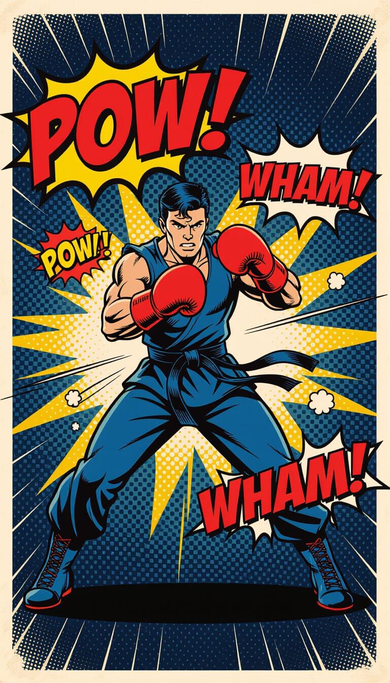 Retro Comic Boxer Mid-Punch with Neon Accents