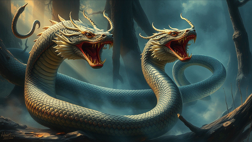 Mysterious Serpents Emerging from Misty Forest as Oil Painti...