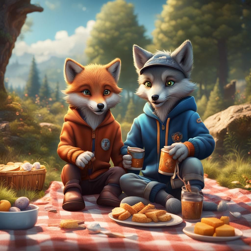 Wolf and Fox Cubs Picnic: Detailed Matte Painting
