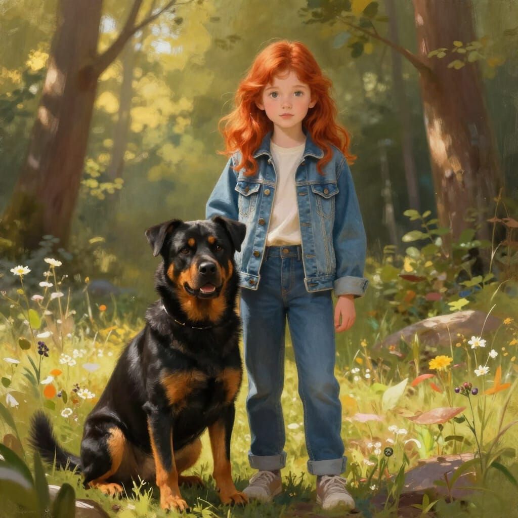 Redhead Girl and Loyal Dog in Sunlit Forest Clearing