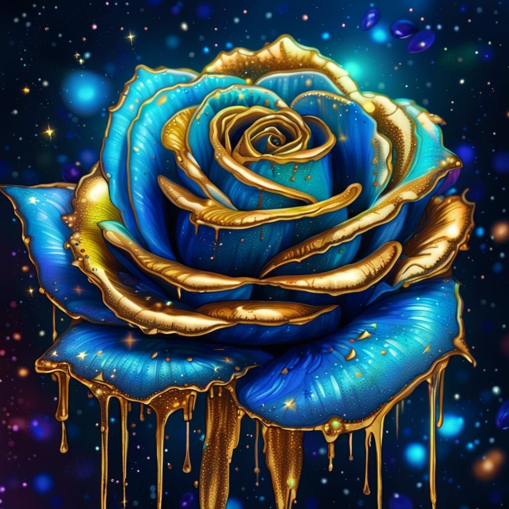 Neon Rose with Gold Sparkles, Holographic Illustration