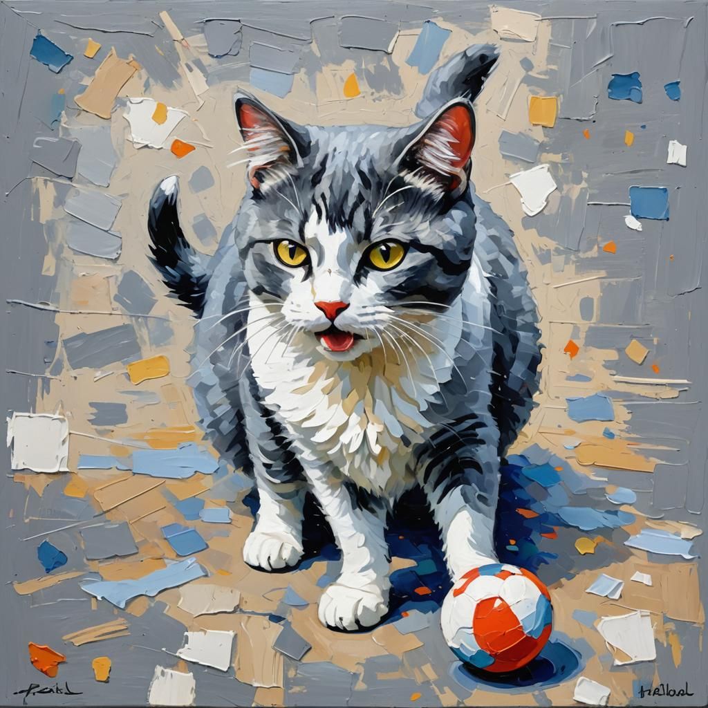 Cat Playing Fetch in Neo-Impressionist Style