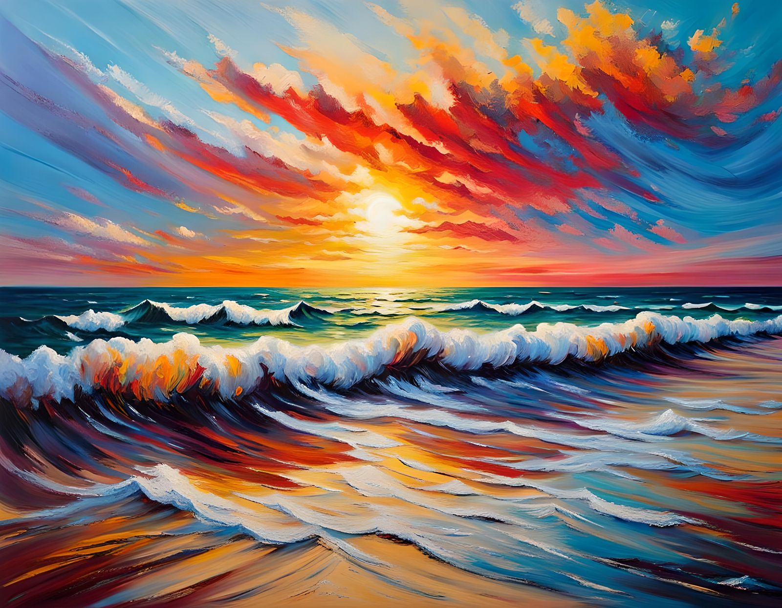 Beach Sunrise Impasto Painting: Colorful Seascape