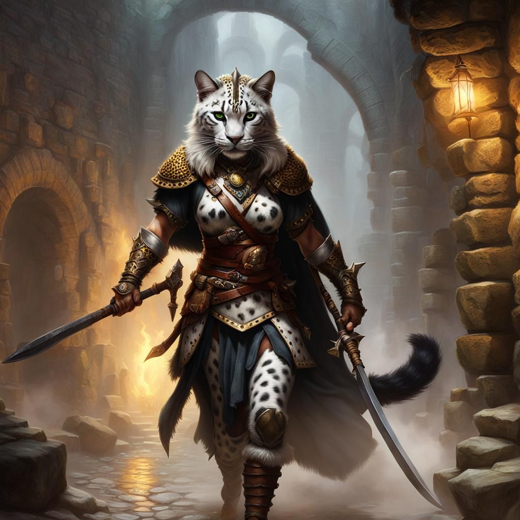 Tabaxi Barbarian in Medieval Sewer: Fantasy Art