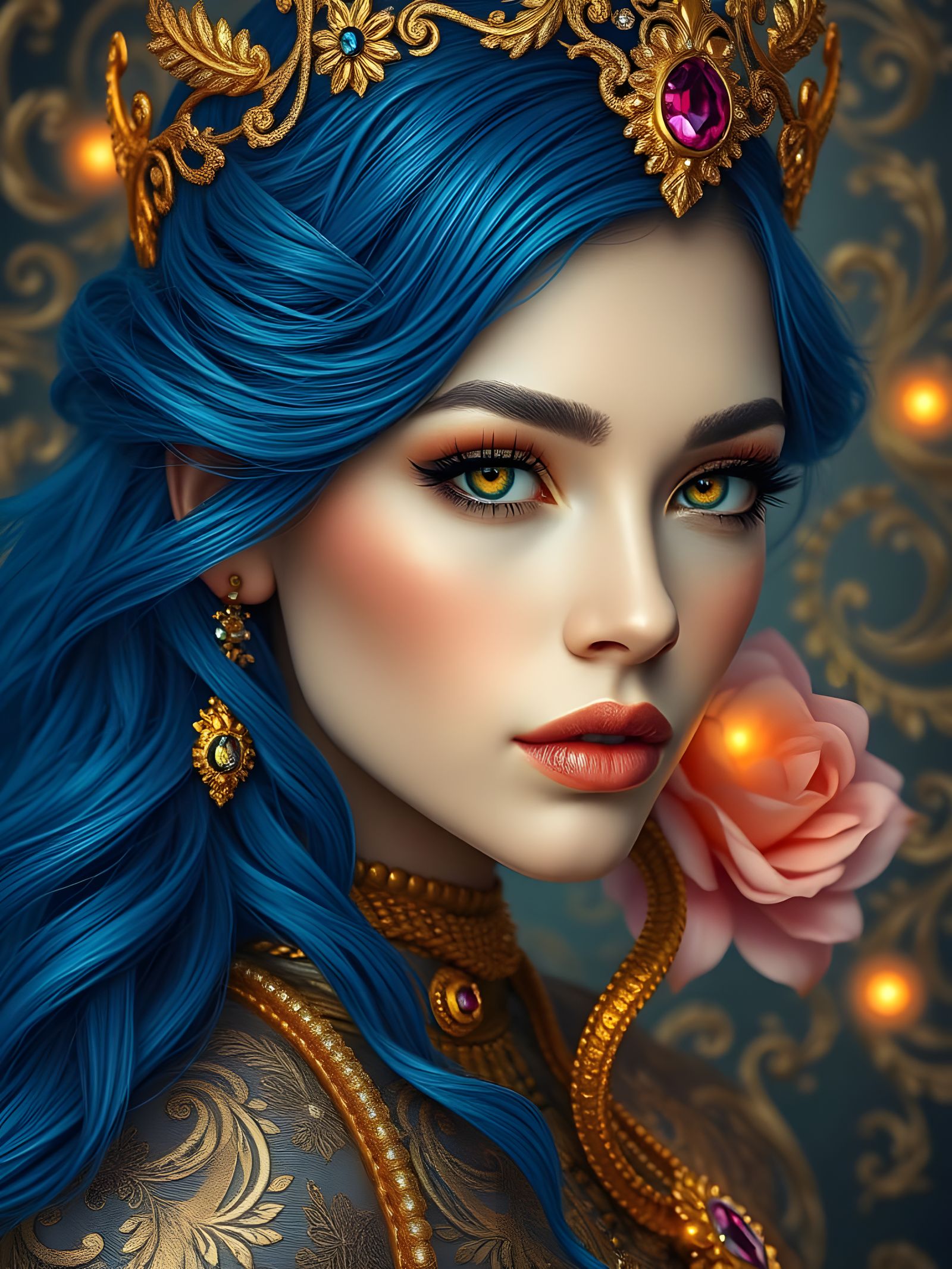 Ethereal Goddess in Vibrant Blue Hair with Golden Accents