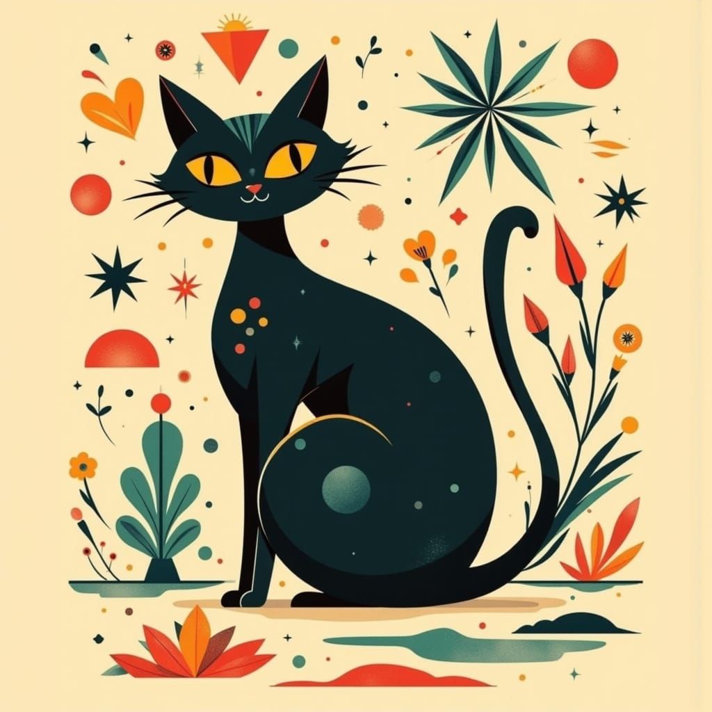 Stylized Black Cat with Yellow Eyes in Vintage Poster Style