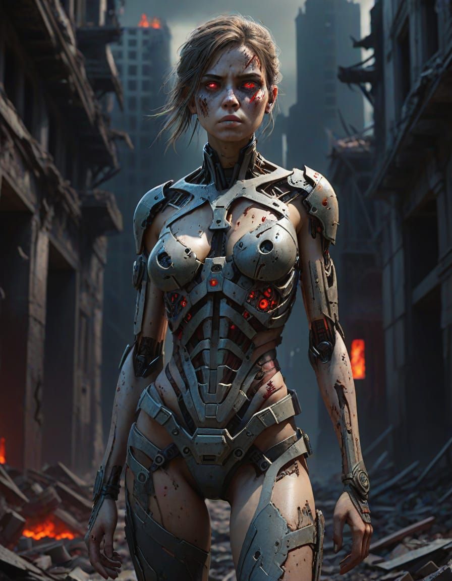 Defiant Cyborg Warrior in Desolate City Ruins