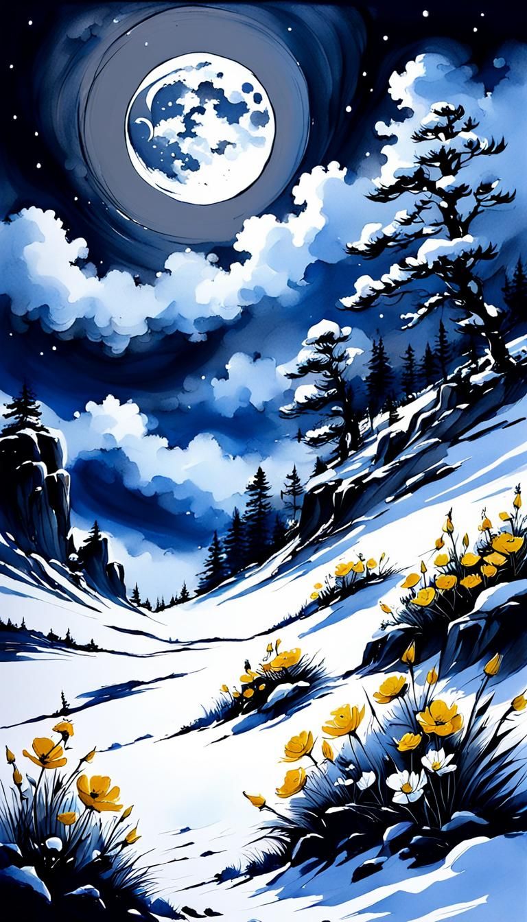Western Ink Painting of Wind, Flowers, Snow, Moon