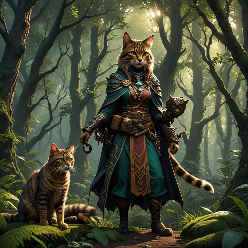 Tabaxi Druid with Cat Familiar, Fantasy Concept Art
