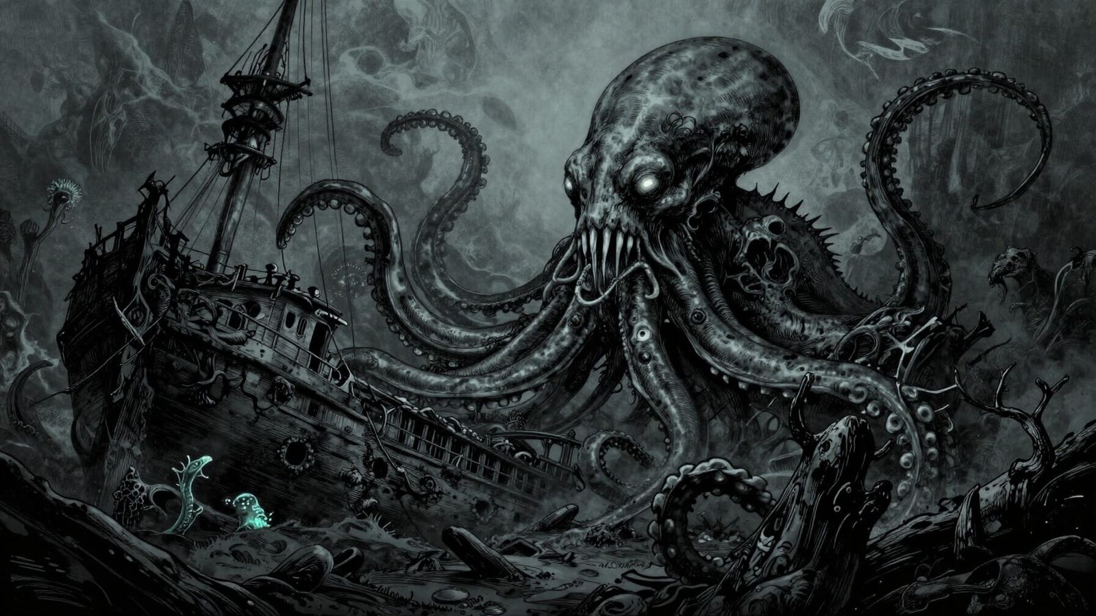 Colossal Kraken Attacks Shipwreck in Grimdark Ink Wash