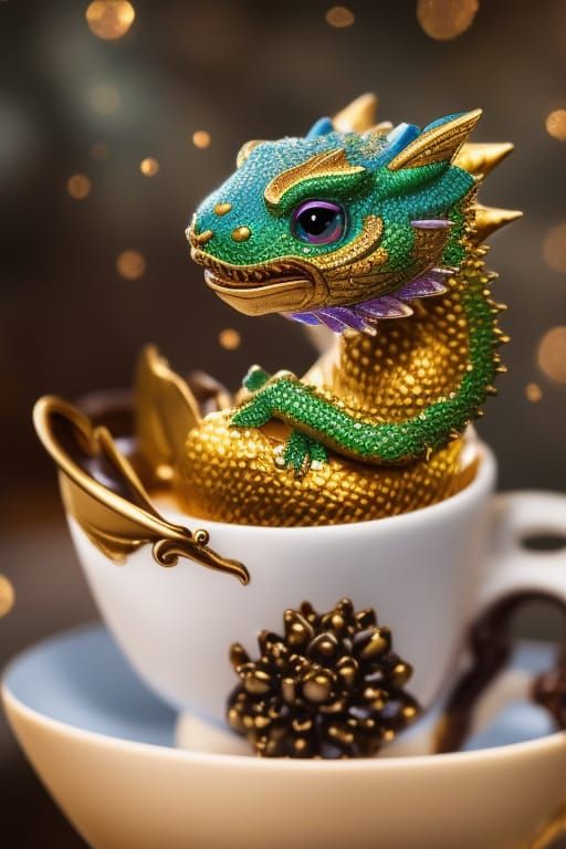 Golden Dragon Cub in Royal Teacup, Detailed Digital Art