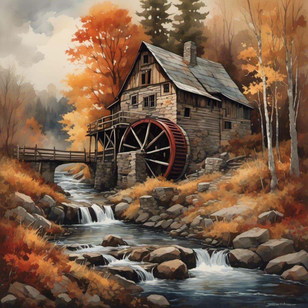 Autumn Gristmill in Antique Watercolor Style