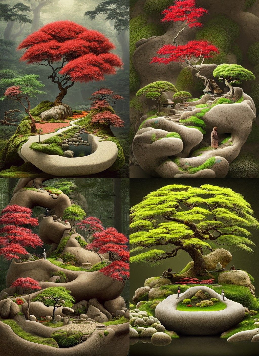 Japanese Maple Bonsai Zen Garden, Digital Painting