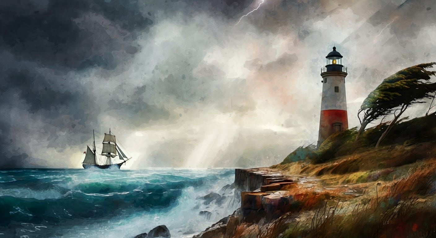 Majestic Lighthouse Battles Turbulent Seas in Dramatic Water...