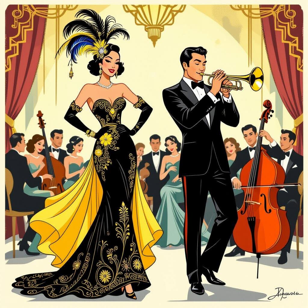 Art Deco Music Club Scene with Trumpet Player