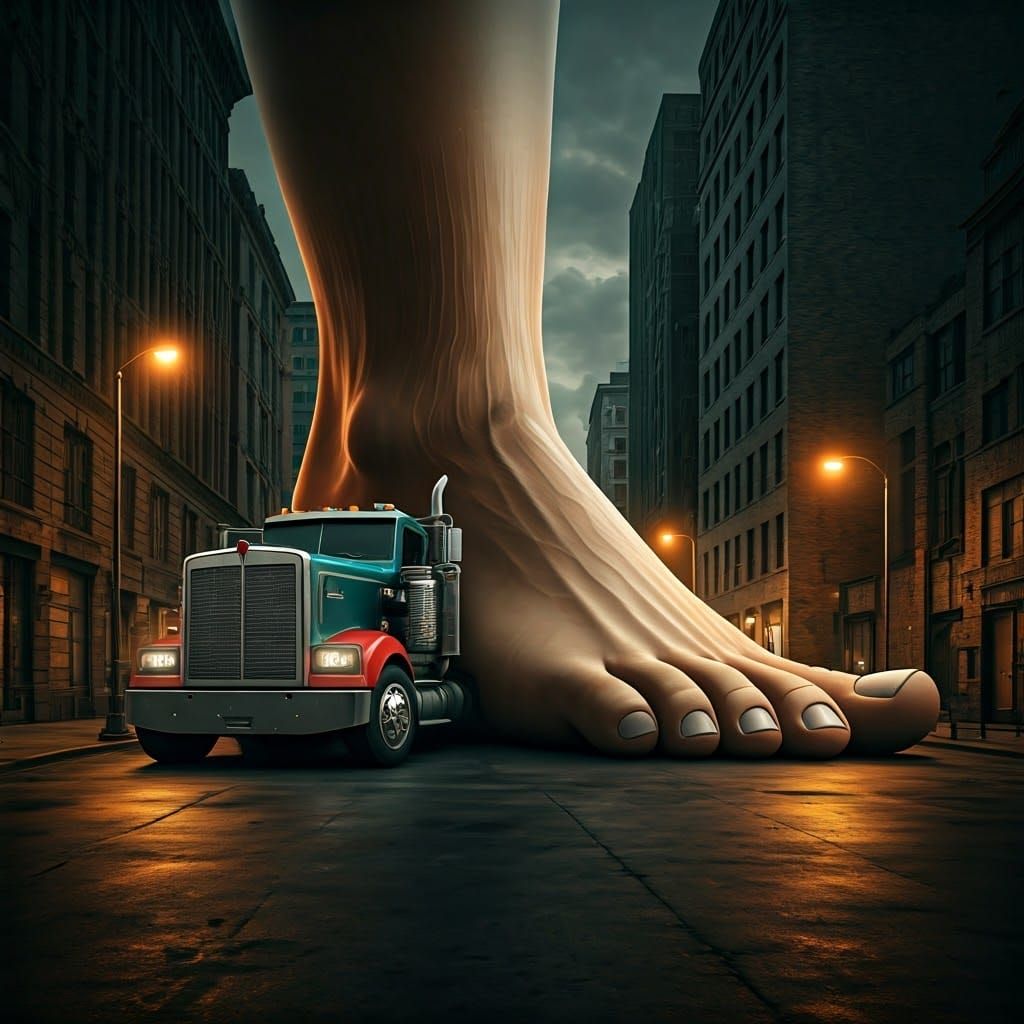 Surreal Foot-Shaped Tow Truck in Urban Setting
