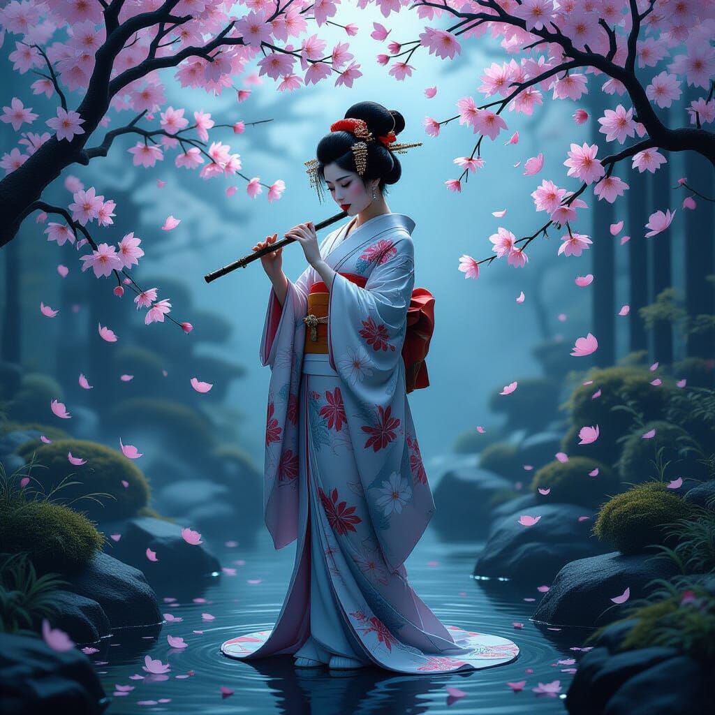 Mystical Geisha in Twilight Garden as Oil Painting