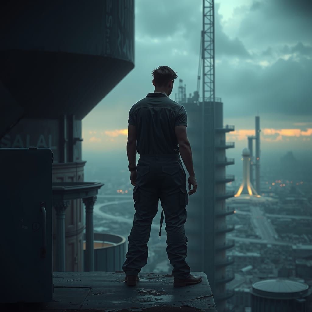 Dystopian Figure Gazing at Ruined World