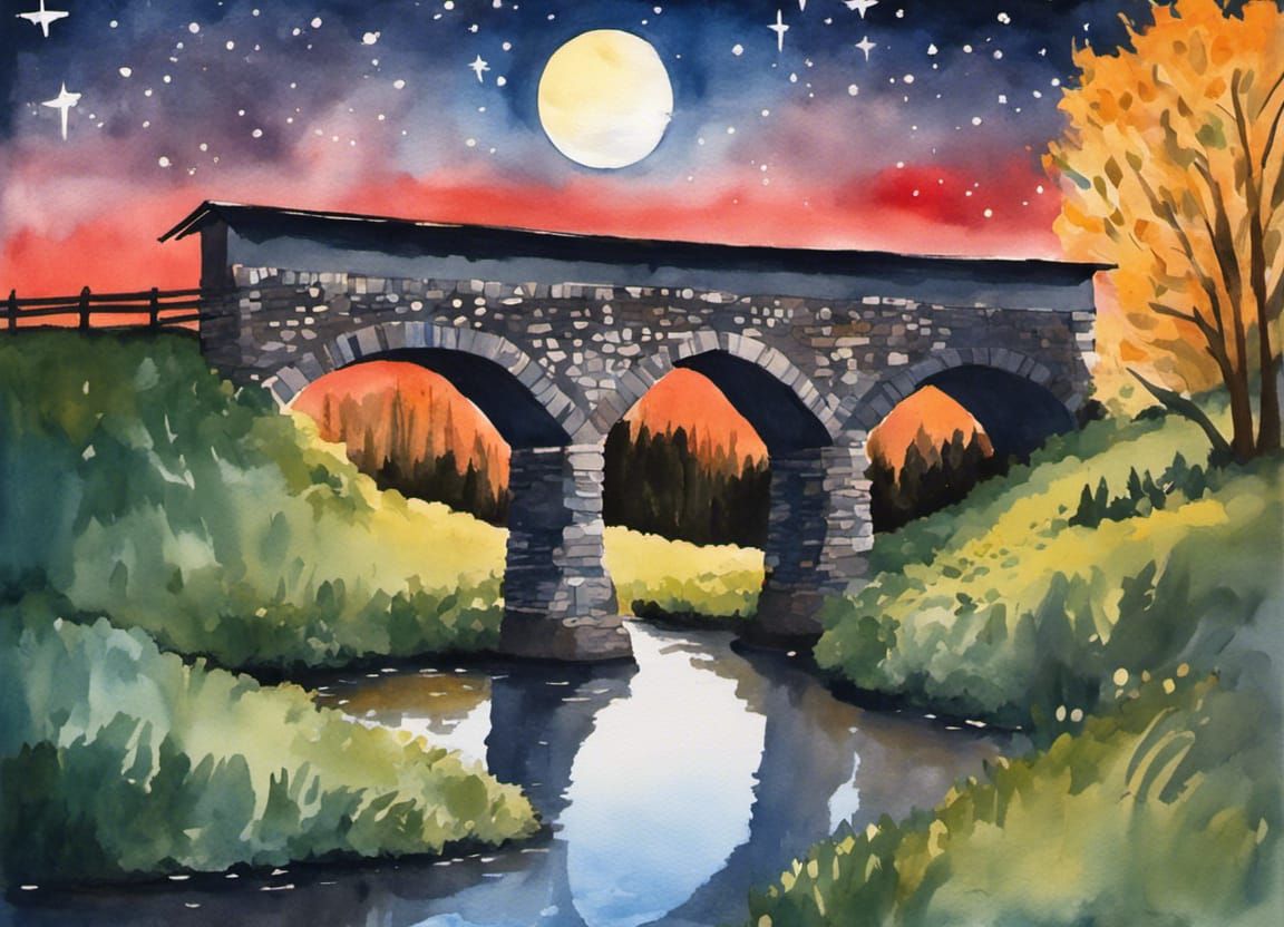 Cobblestone Bridge at Night in Impressionist Gouache Style