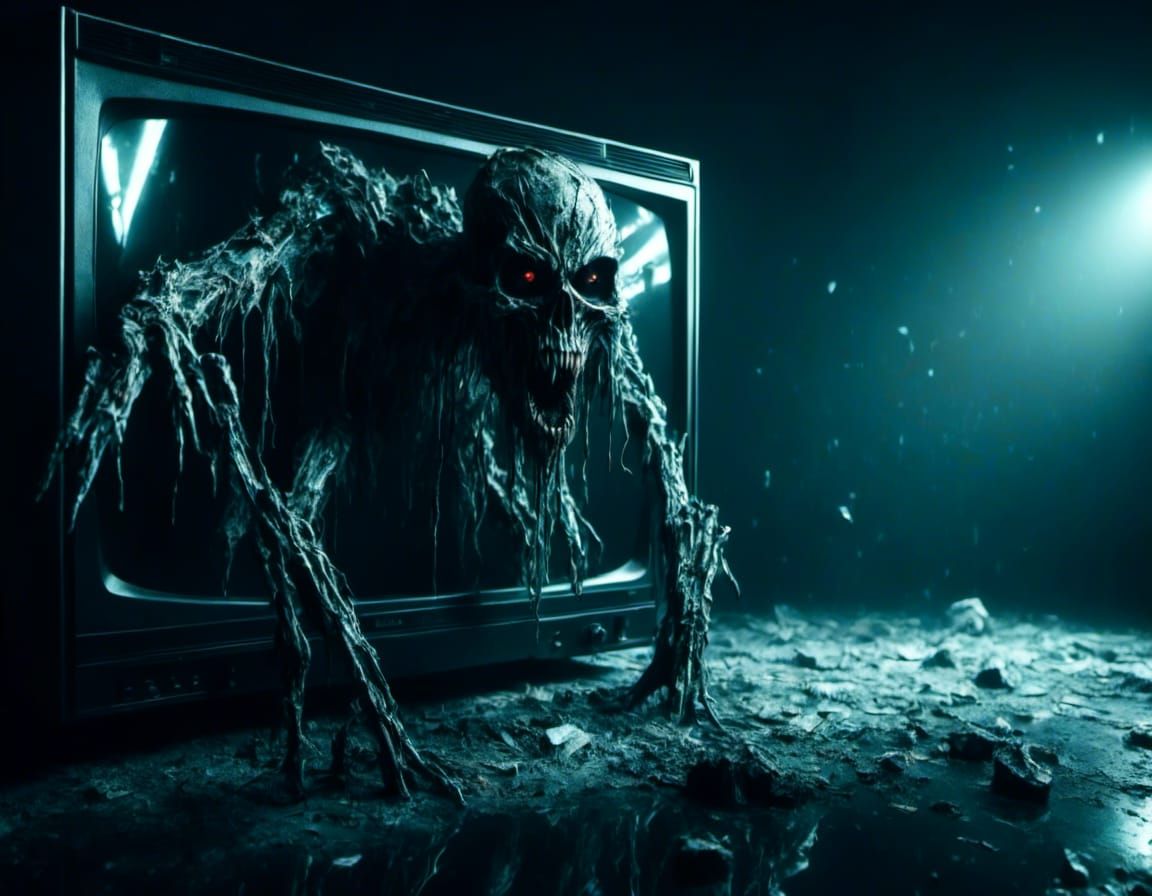 Creepy Ghost Crawling Out of TV in Macabre Style