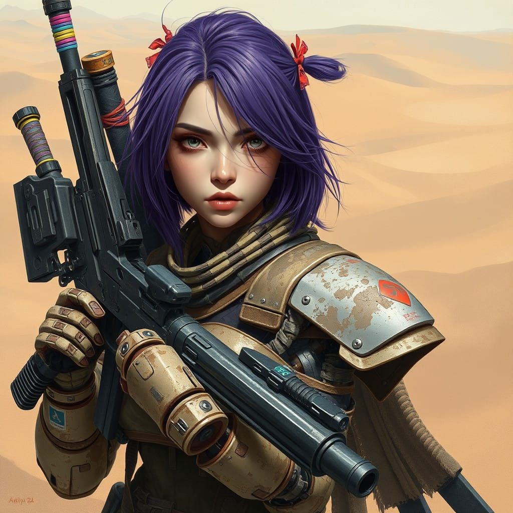 Cyborg Warrior in Desert Armor with Glowing Steel Gray Eyes