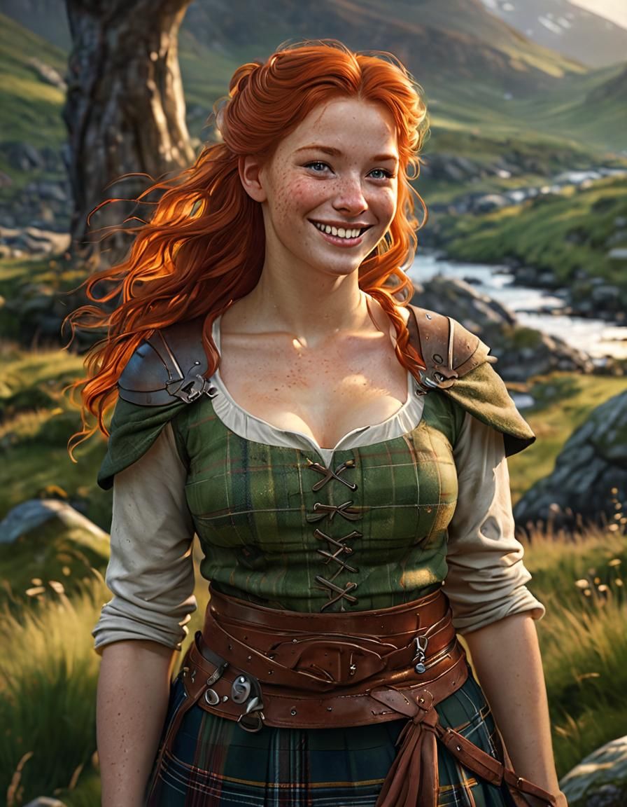 Redhead Woman in Kilt, Scottish Highlands Portrait