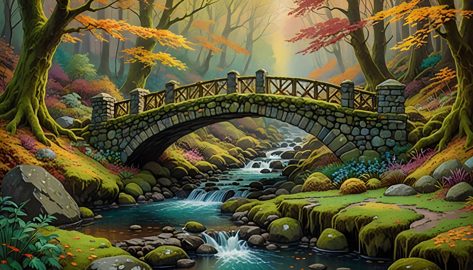 Mystical Autumn Bridge in Enchanted Forest