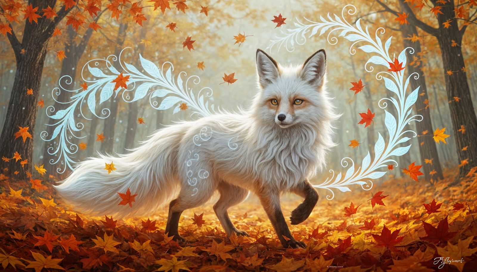 Bioluminescent Fox in Autumn Whirlwind: Oil Painting