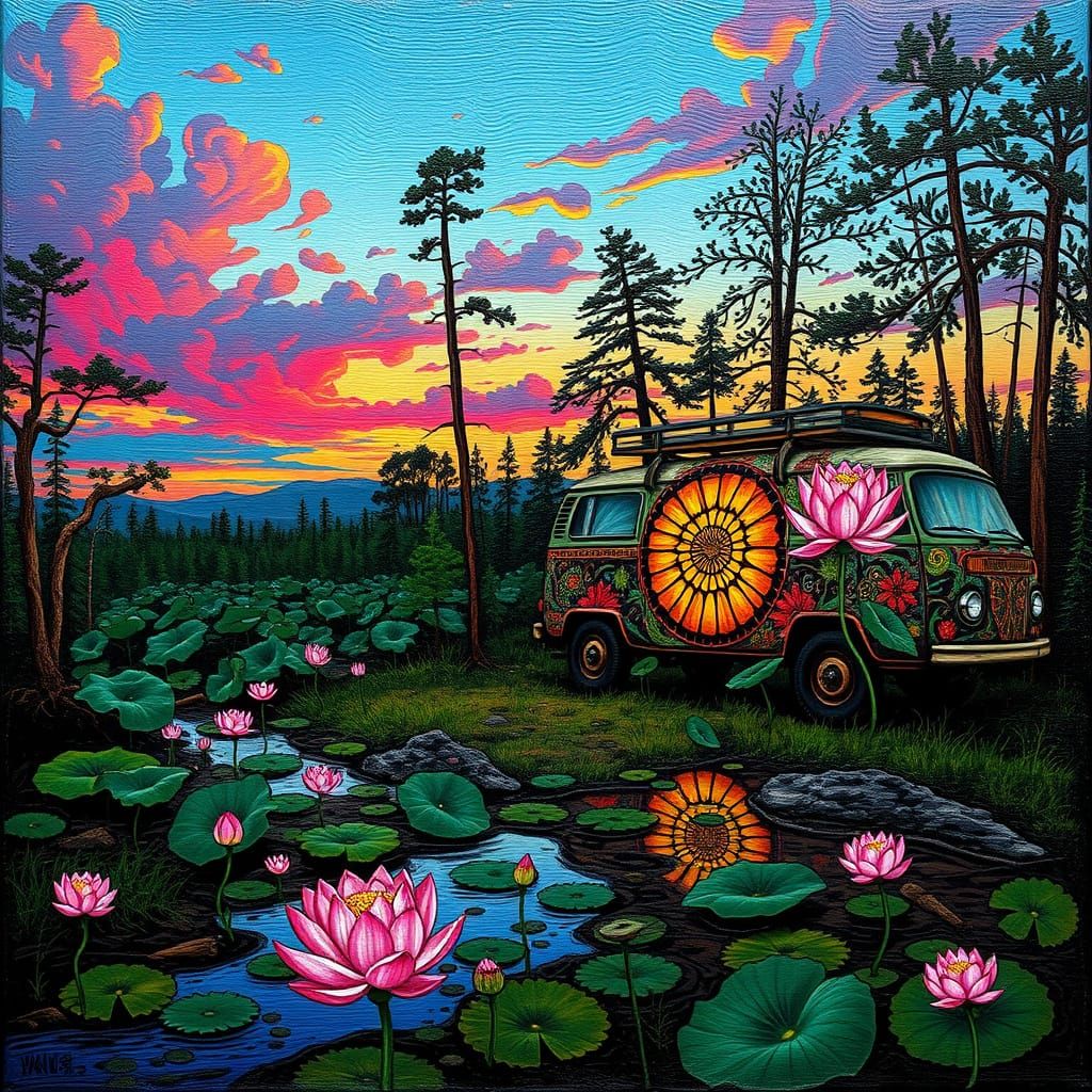 Hippie Van Lotus Flower Art at Wilderness Campsite