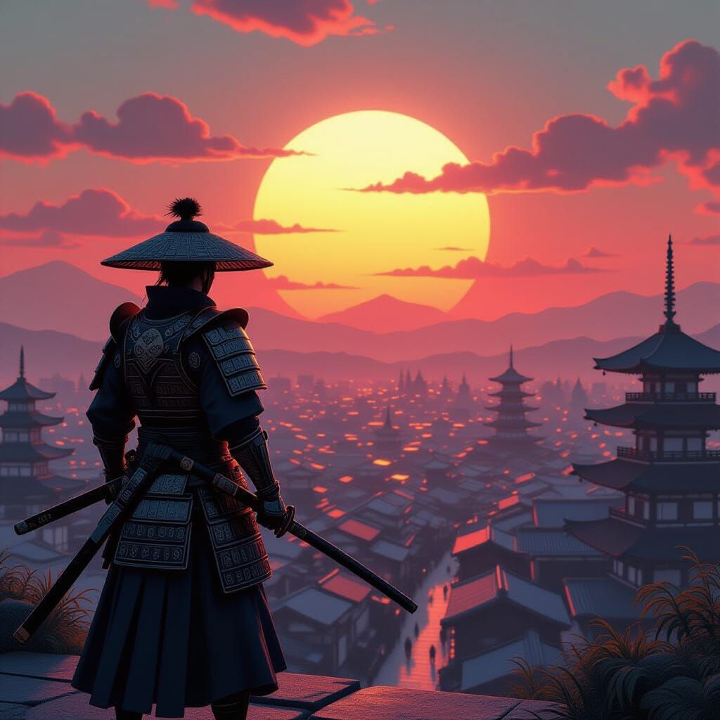 Samurai Warrior Overlooking Edo City at Sunrise in Concept A...