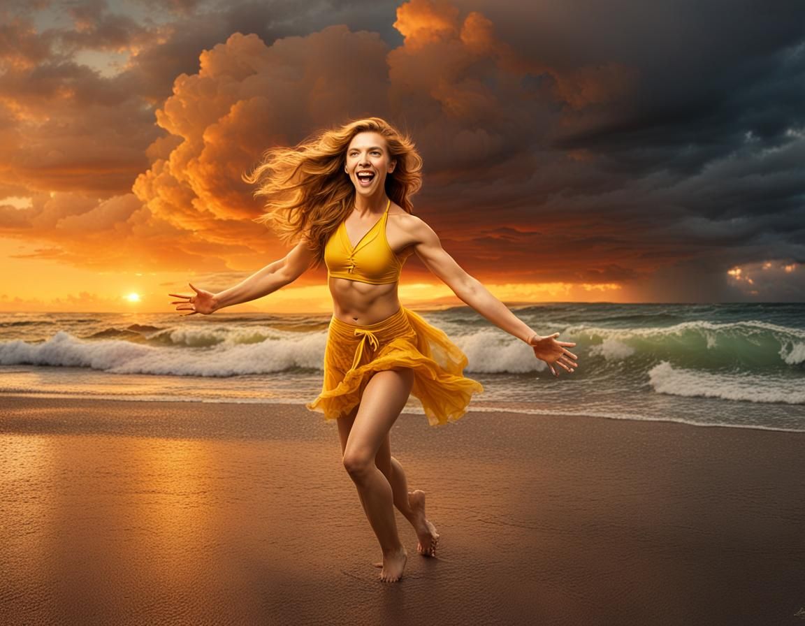 Strawberry Blonde Woman Dancing at Sunset Beach