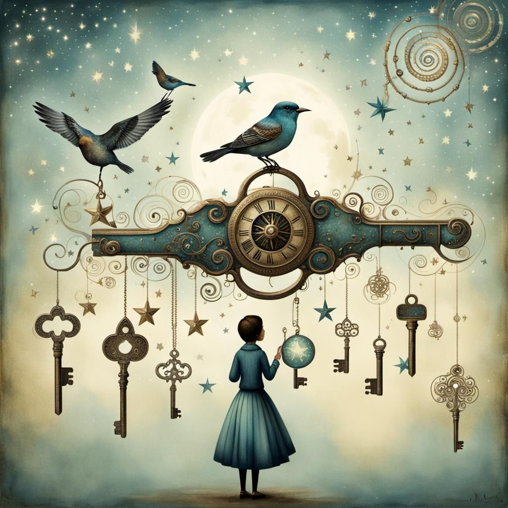 Flying Bird Mobile with Ancient Keys and Stars