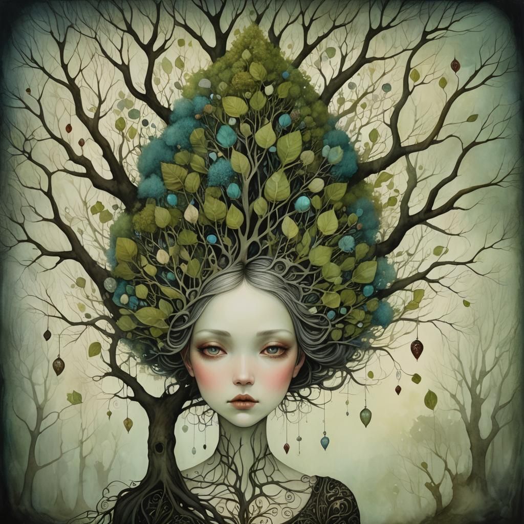 Surreal Tree Head Portrait in Whimsical Style