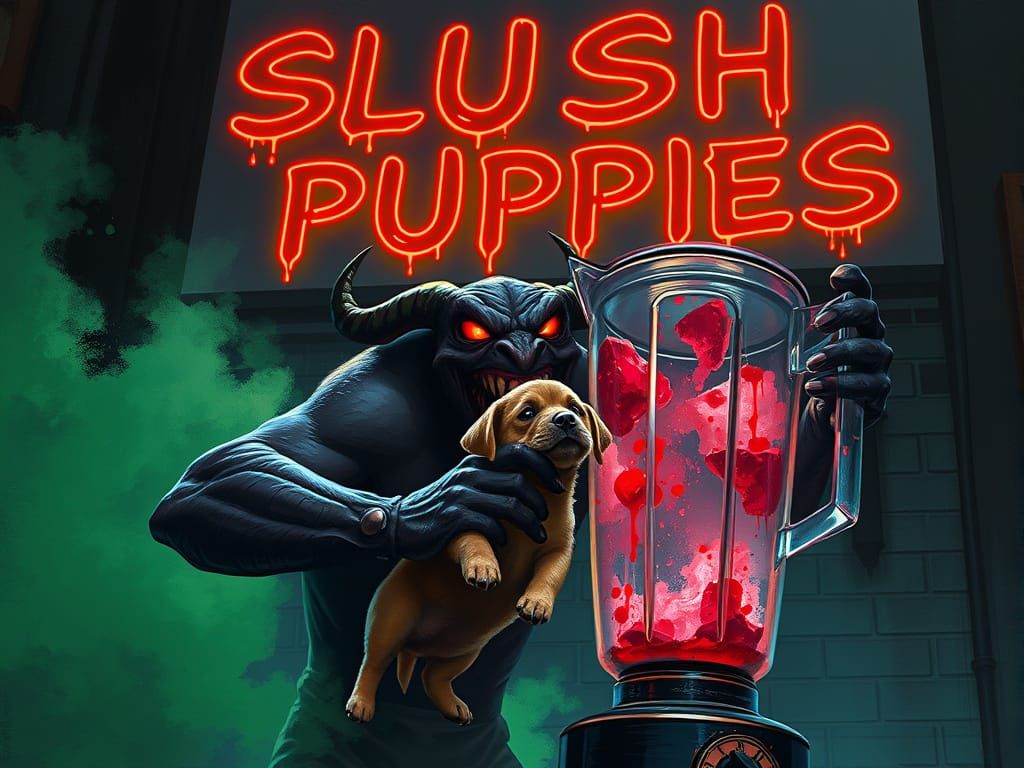 Sinister Demon Blending Puppy Under Neon Sign