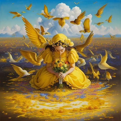 Surreal Woman in Yellow Dress, Oil on Canvas