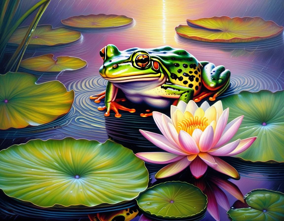 Frog on Lily Pad During Summer Storm, Romantic Painting