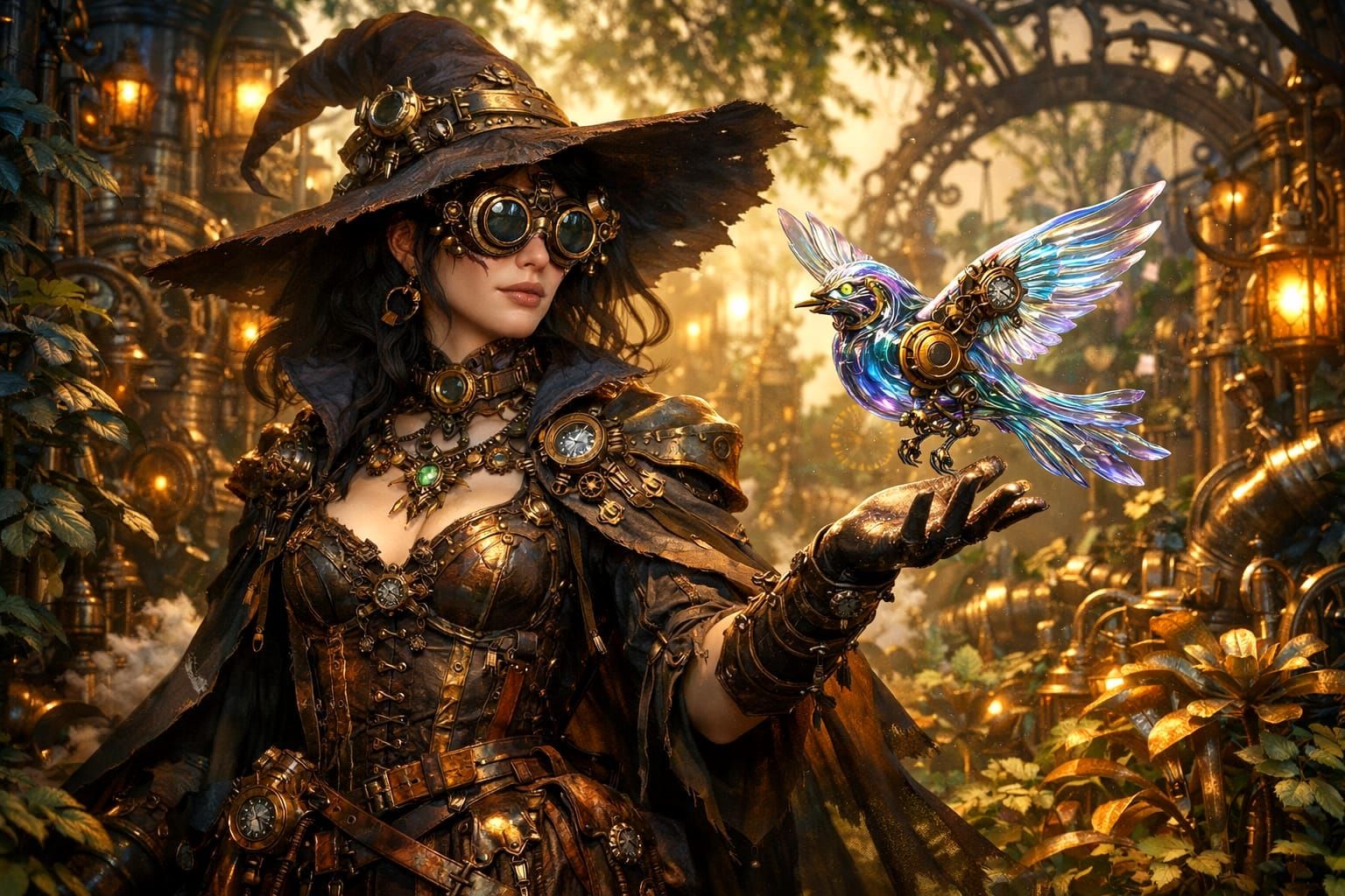 Steampunk Witch Levitates Glass Bird in Clockwork Garden