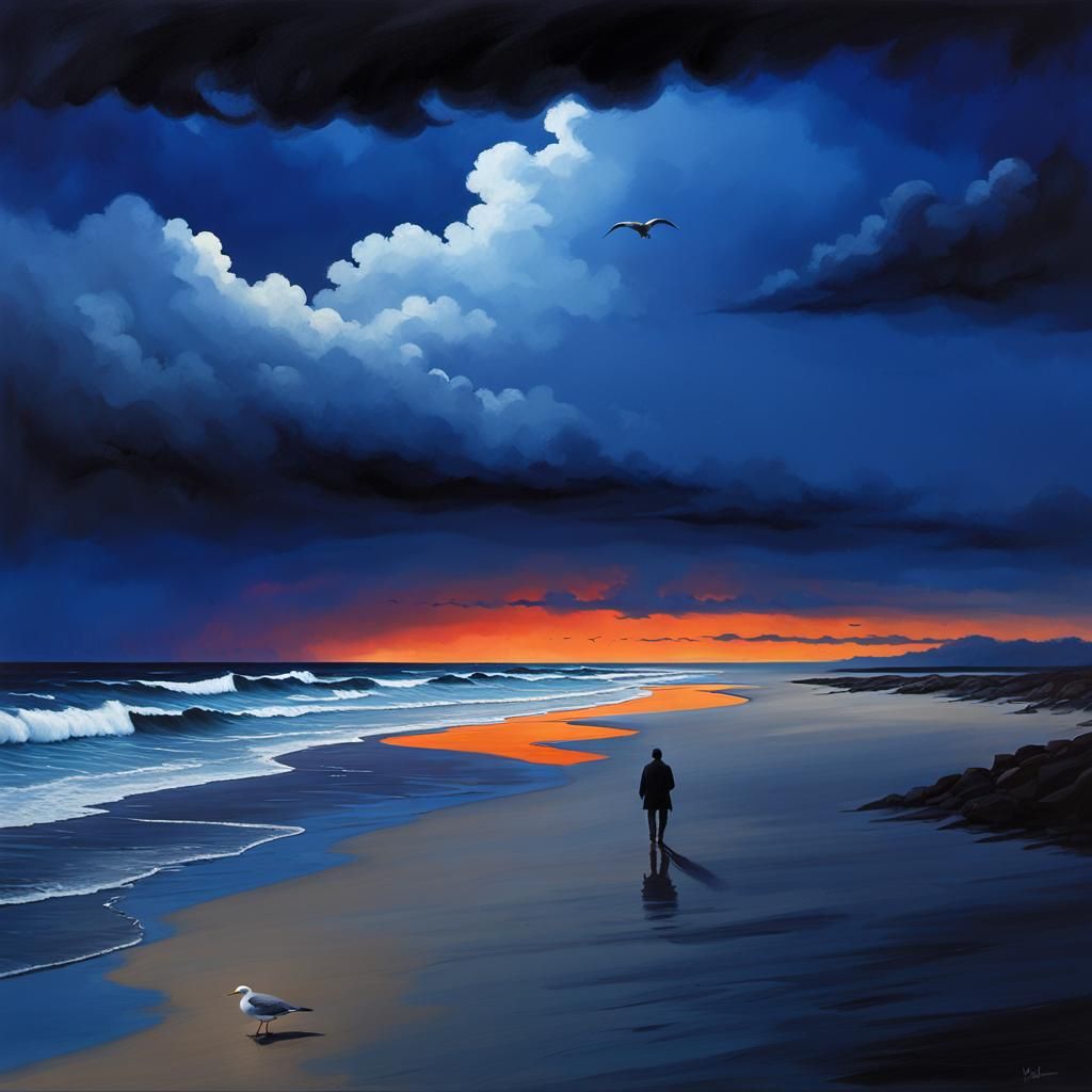 Twilight Beach Walker Under Stormy Skies