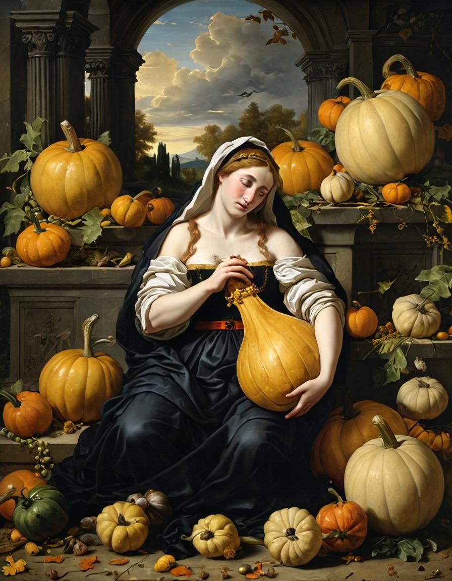 Fallen Madonna with Gourds: Surrealist Painting