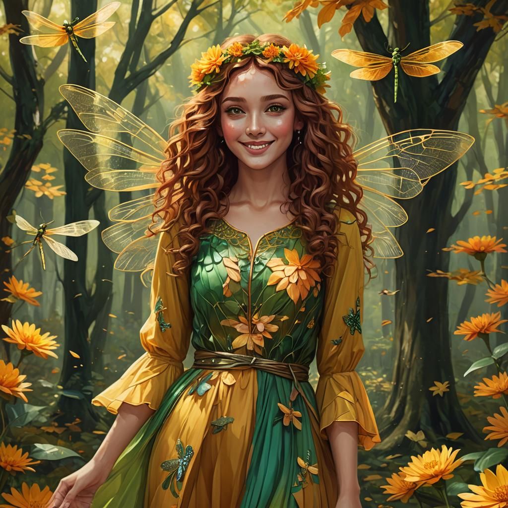 Woman with Dragonfly Wings in Autumn Forest