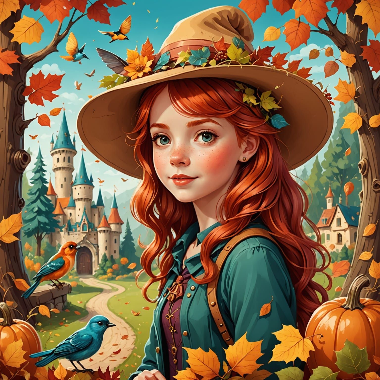Romantic Whimsical Girl in Fairy-Tale World Vector Art