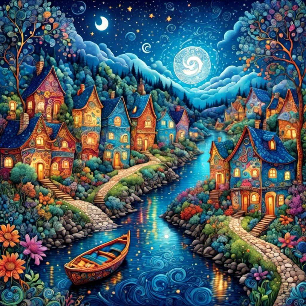 Enchanting Moonlit Village with Zentangle Folk Art