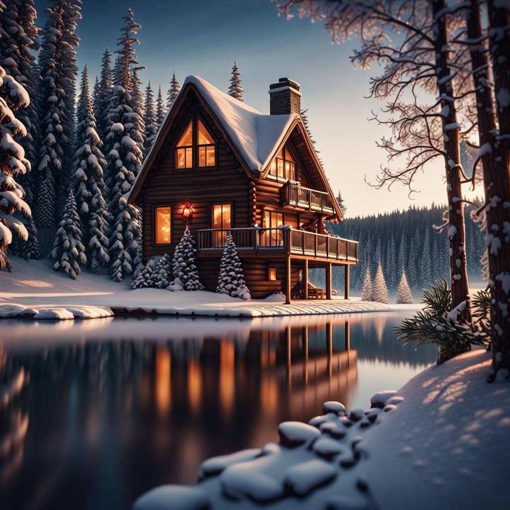 Christmas at the cabin on a lake in the woods and snow.