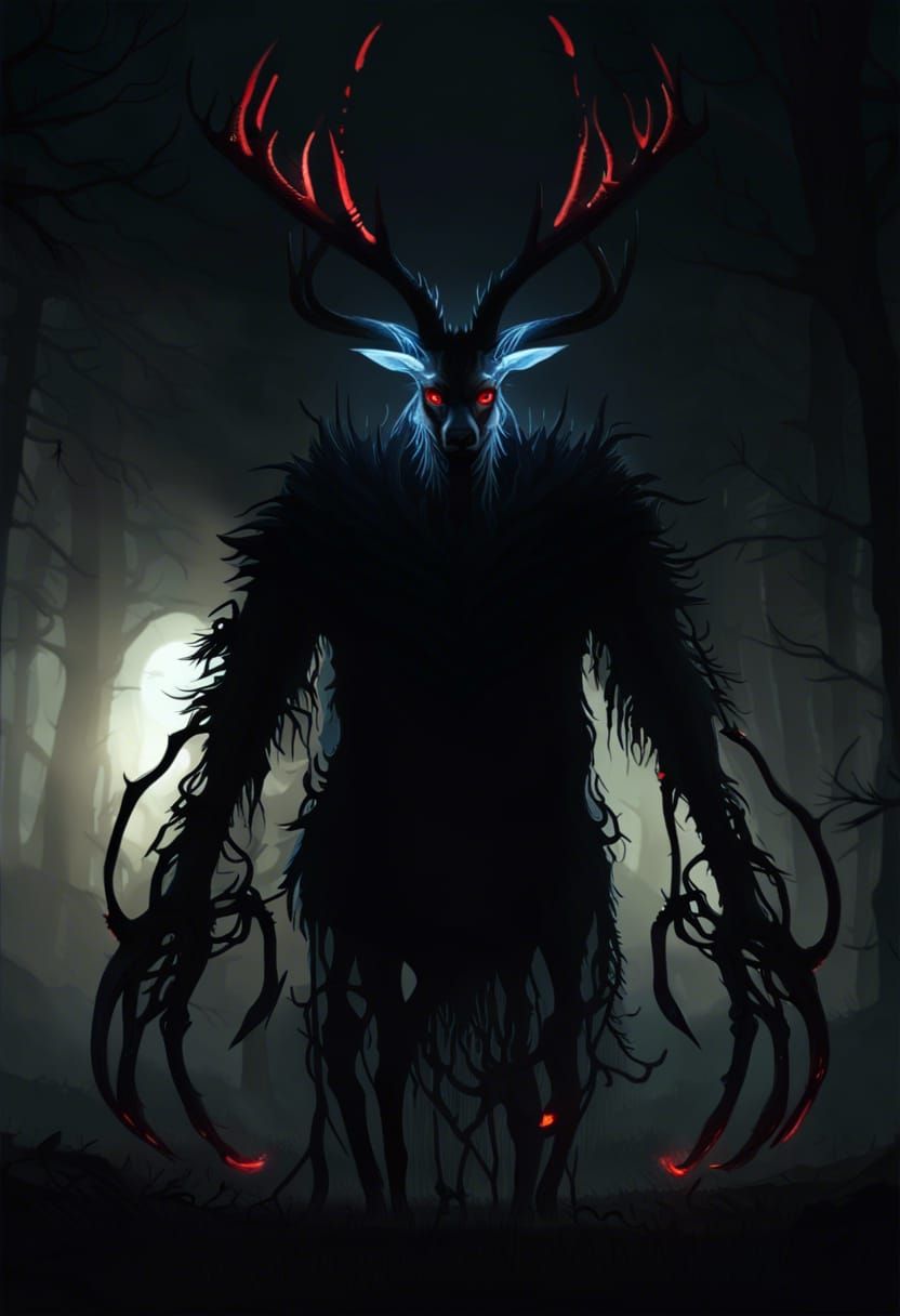 Scary Deer Monster in Dark Fantasy Forest