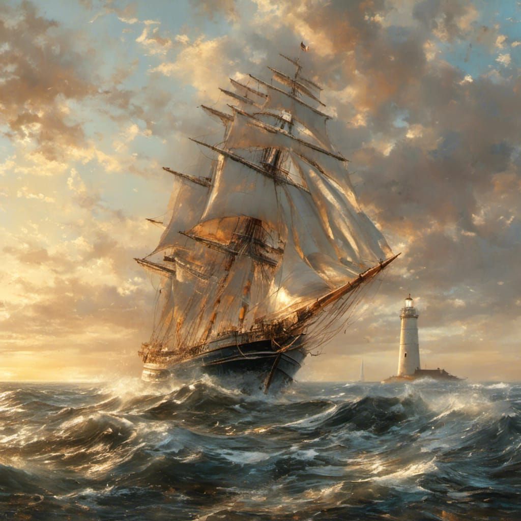 Schooner Sailing to Sea with Lighthouse, Exquisite Painting