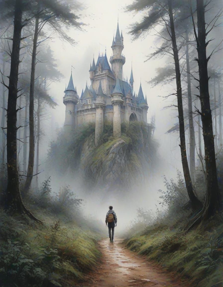 Misty Fairytale Castle Path in Foggy Forest Watercolor