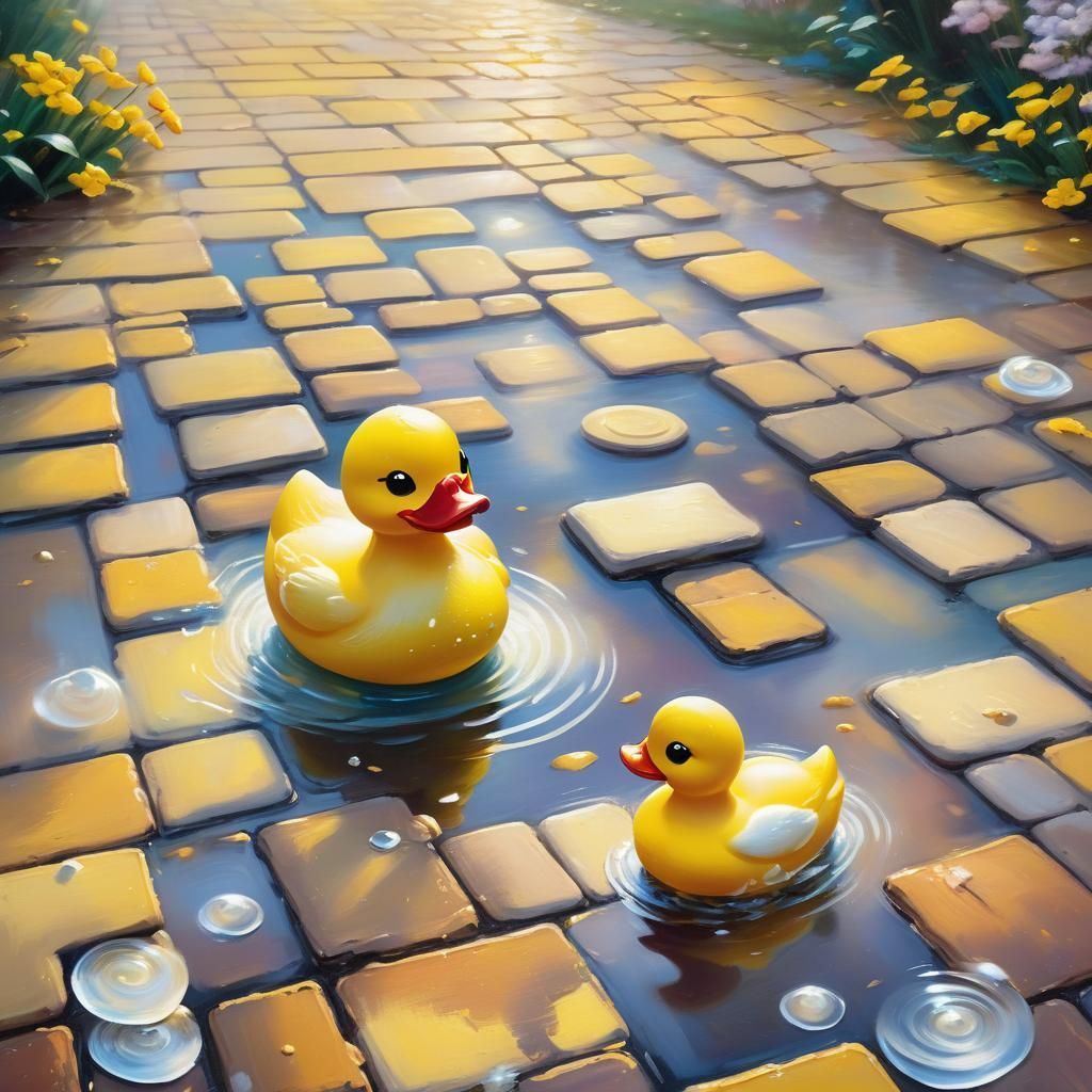 Dreamy Duck on Yellow Brick Road in Oil Painting Style
