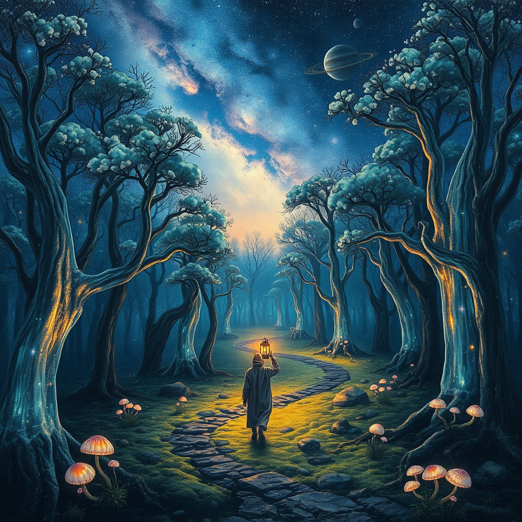Enchanted Forest: Crystalline Trees and Starlit Figure