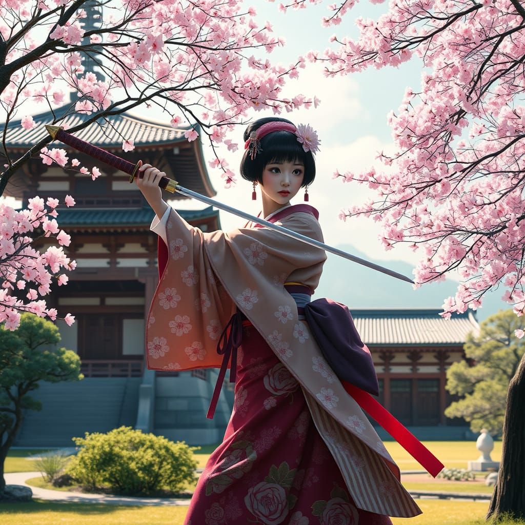 Geisha Katana Practice Under Cherry Blossoms: Hyperrealistic