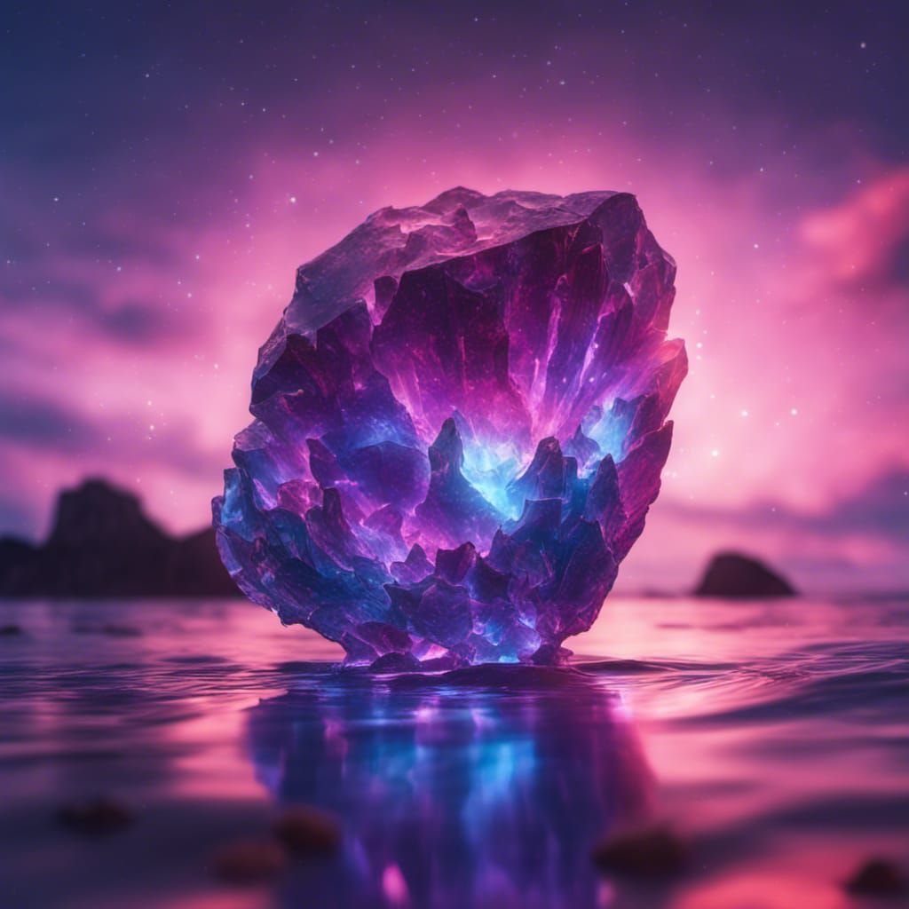 Ocean Gemstone Crystal with Neon Glow and Starry Sky